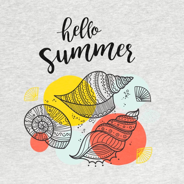 Hello Summer with sea shells and colorful circles by yuliia_bahniuk